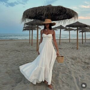 Zara dress maxi poplin ruffle flowy white corset bohemian summer vacation